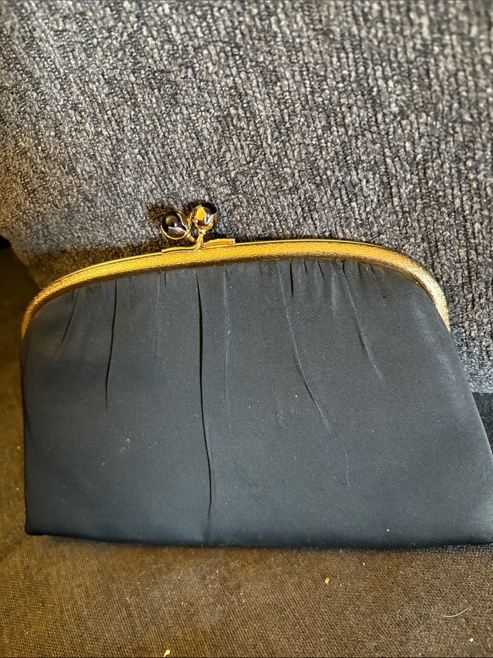 Harry Levin Vintage Black Satin Clutch with Gold Frame